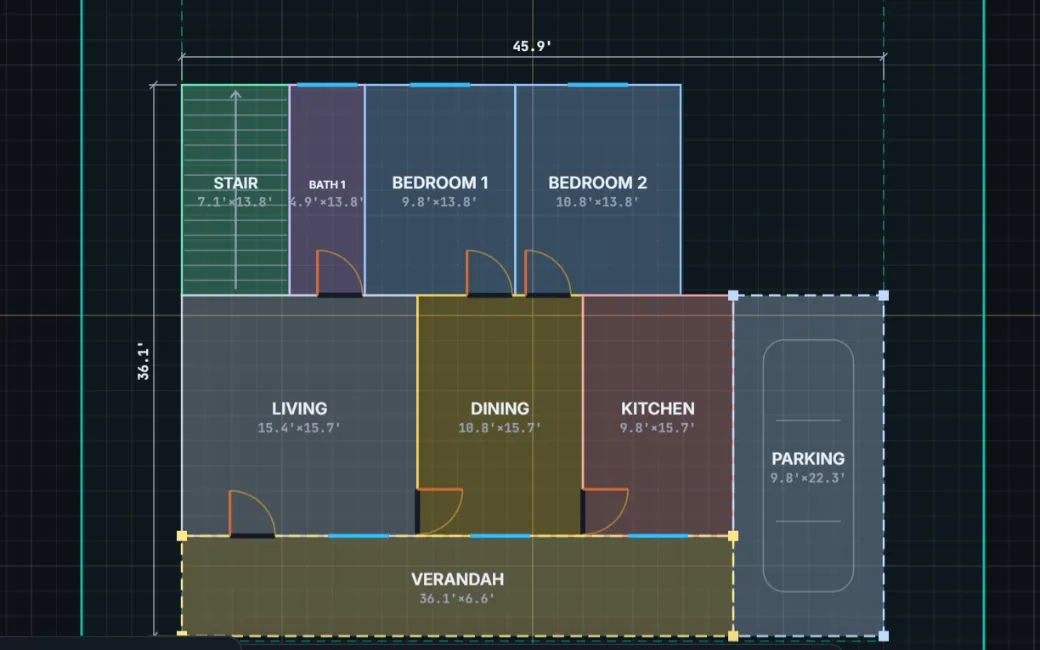 A ground floor drawn in Nirman Plan: stair, bath, two bedrooms, living, dining, kitchen, verandah and parking, each with its size