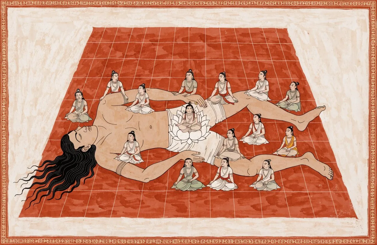 The being lies on a red grid; the gods sit on him, each in a square