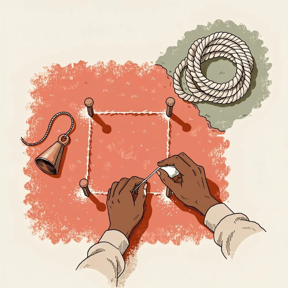 Hands snap a chalk line between four pegs to mark a square on the ground