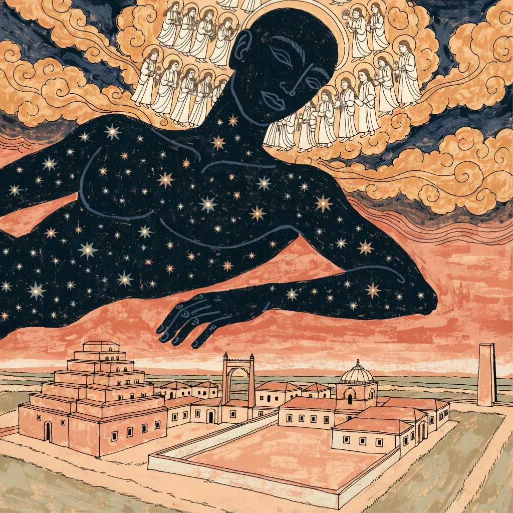 A vast dark being, his body full of stars, leans over a town while the gods gather in the clouds